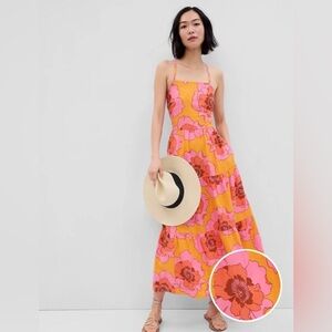 Gap Linen-Blend Tie-Back Tiered Maxi Dress - Pink and Orange Floral